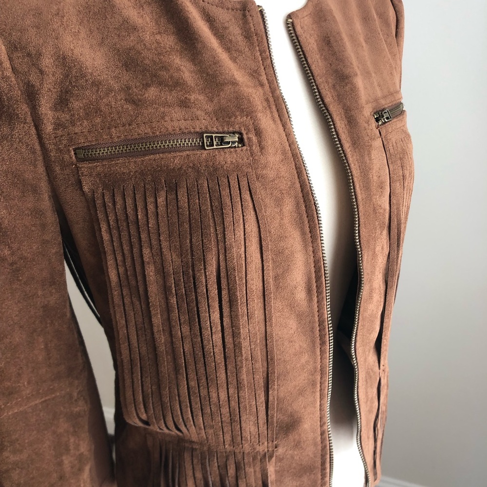 BCBG Boho Western Cowgirl Vintage Inspired Fringe Suede Brown Jacket Small - Picture 5 of 11